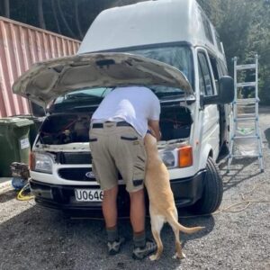 Cruzar Custom Campervans co-owner Andy at work on a campervan conversion - with a four legged helper