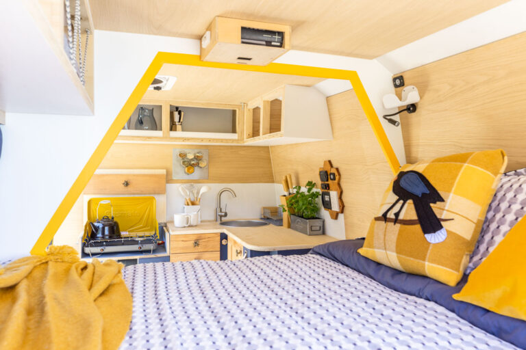 campervan for hire on NZ's North Island. Interior of quirky camper for rent on NZs north island