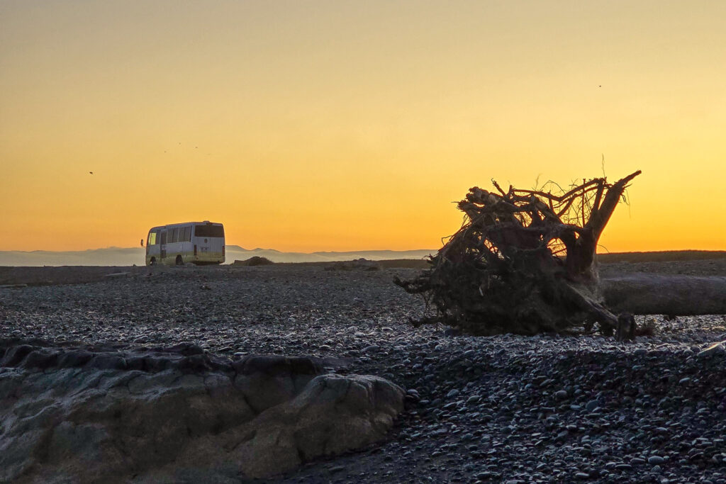 RosieG - Camperbus exploring NZ RosieG explores NZs raw coastline at sunset