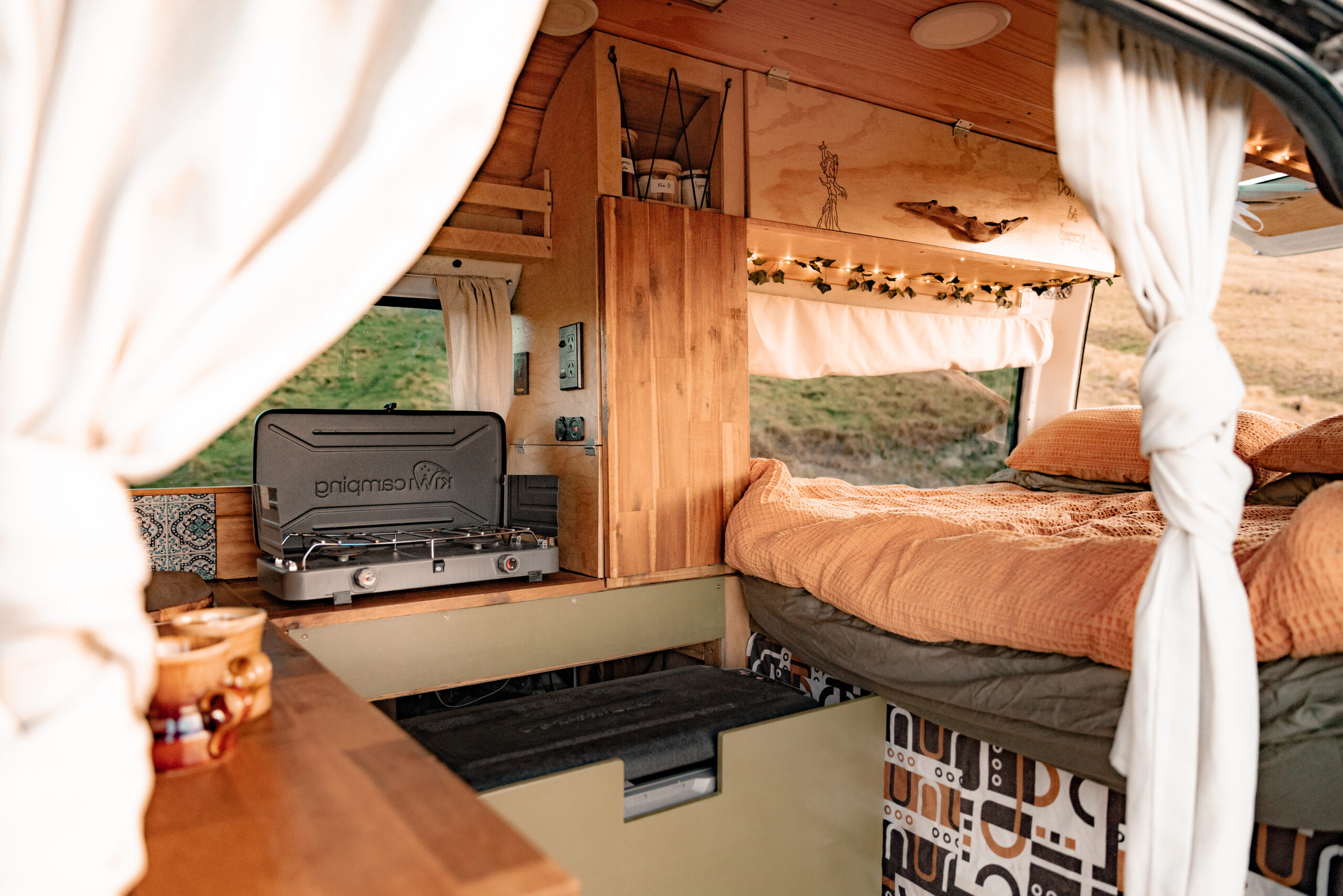 A quiet trip moment inside Treebeard, a Quirky Campers NZ campervan
