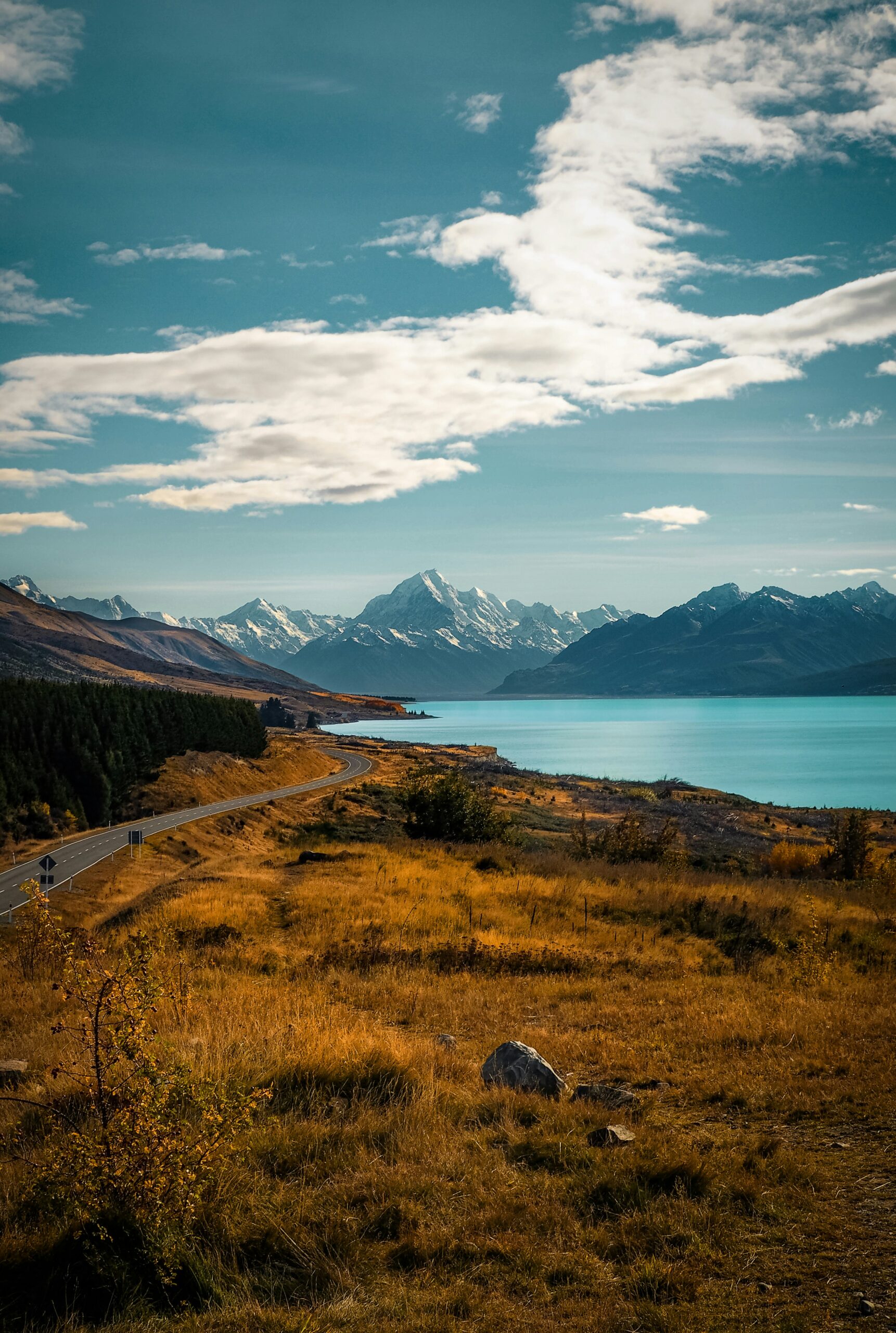 A campervan on an open road winding through New Zealand mountains