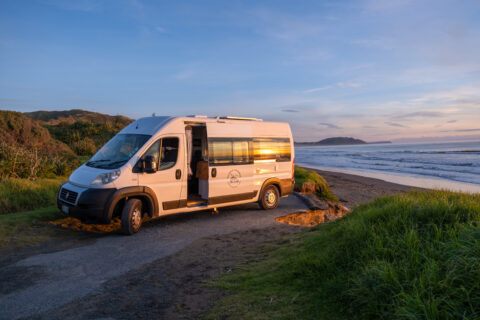 Wellington Campervan Bluebelle with North Island beach view