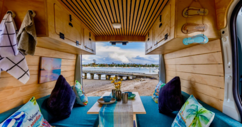 Interior of handmade campervan conversion near the beach in New Zealand