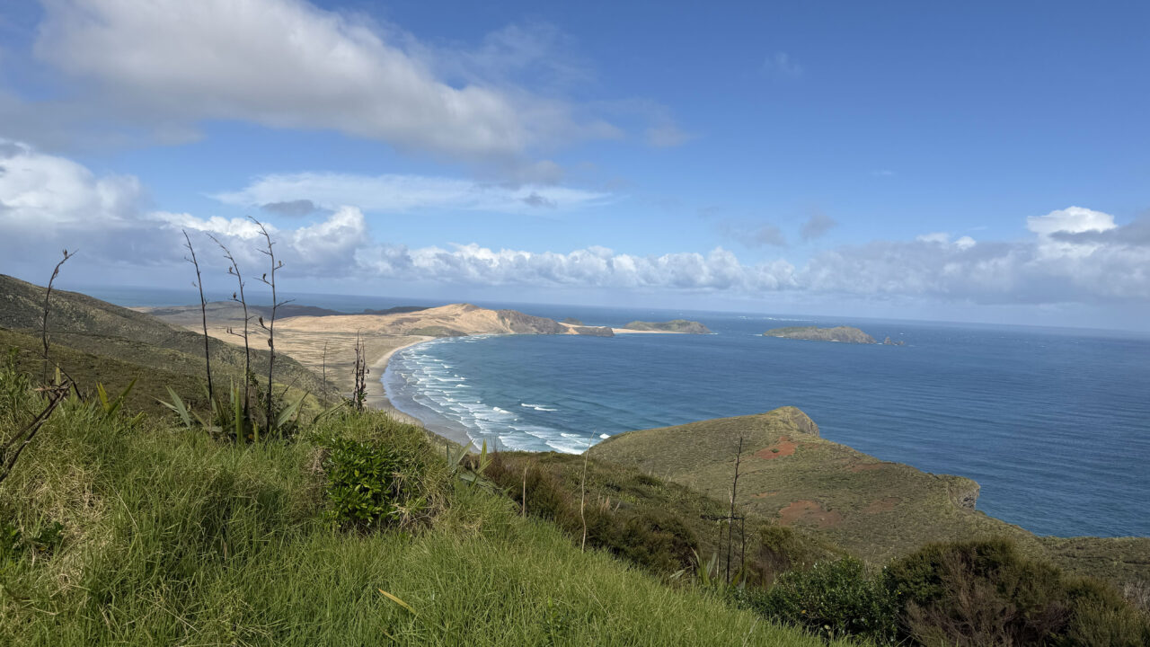 View from Cape Reinga lighthouse down over the beach towards Cape Maria Van Diemen