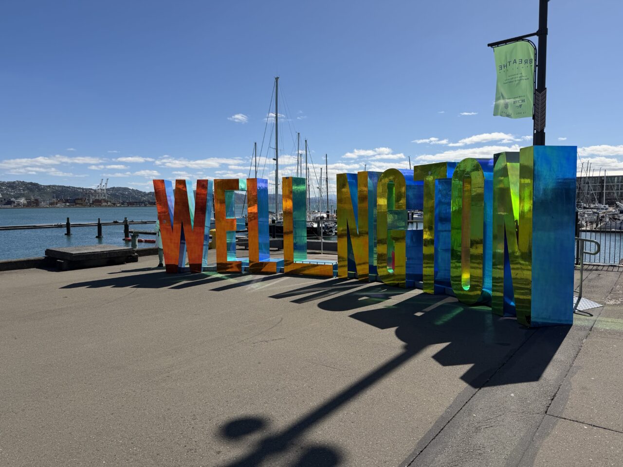 Wellington sign on the wharf in Wellington, New Zealand