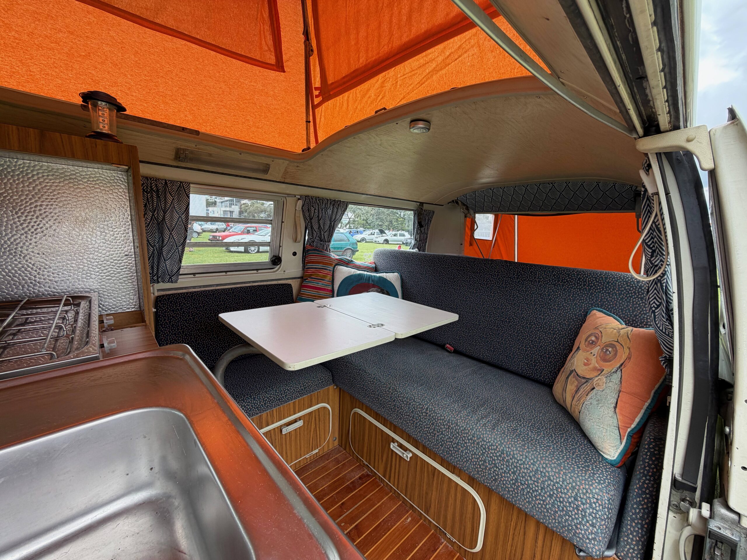 1973 VW Kombi T2 interior with rear awning