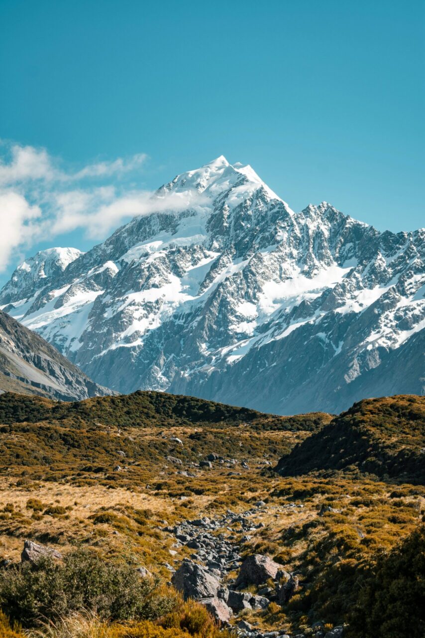 Snow on the slopes of Aoraki Mt Cook, rising above the Southern Alps