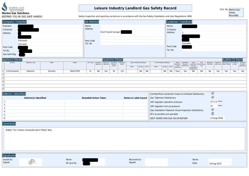 screen shot of gas safety record