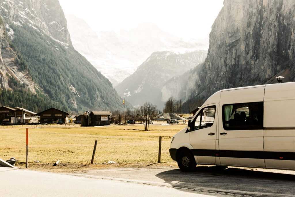 the van at the base of mountains