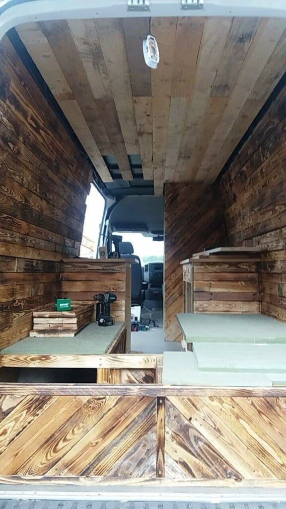 the inside of a campervan being converted