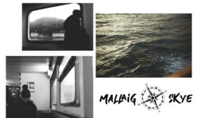Three back and white images of the view out of the windows of a campervan and also of the sea. There is also a logo that says 'mallaig skye'