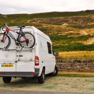 rear view of campervan with bike rack