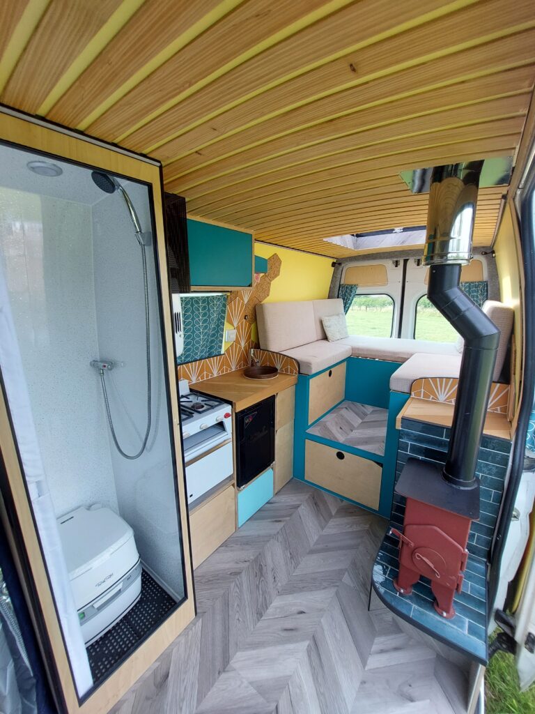 VW Crafter MWB 2016 toilet, shower, woodburner ⋆ Quirky Campers