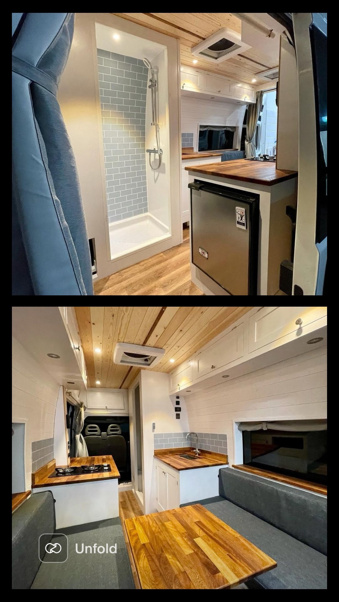 Two images show a compact, modern camper van interior. The upper image highlights a small shower with a white base, gray tiled walls, and adjacent kitchenette featuring a wooden countertop and small fridge. The lower image shows a wooden ceiling, storage cabinets, and a cozy bed area at the back.