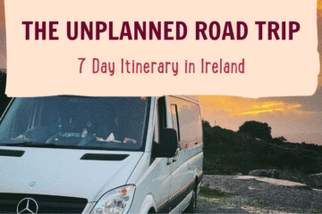 Header image for blog promoting an irish road trip. The image shows a mercedes sprinter campervan at sunset on the ring of kerry in Ireland