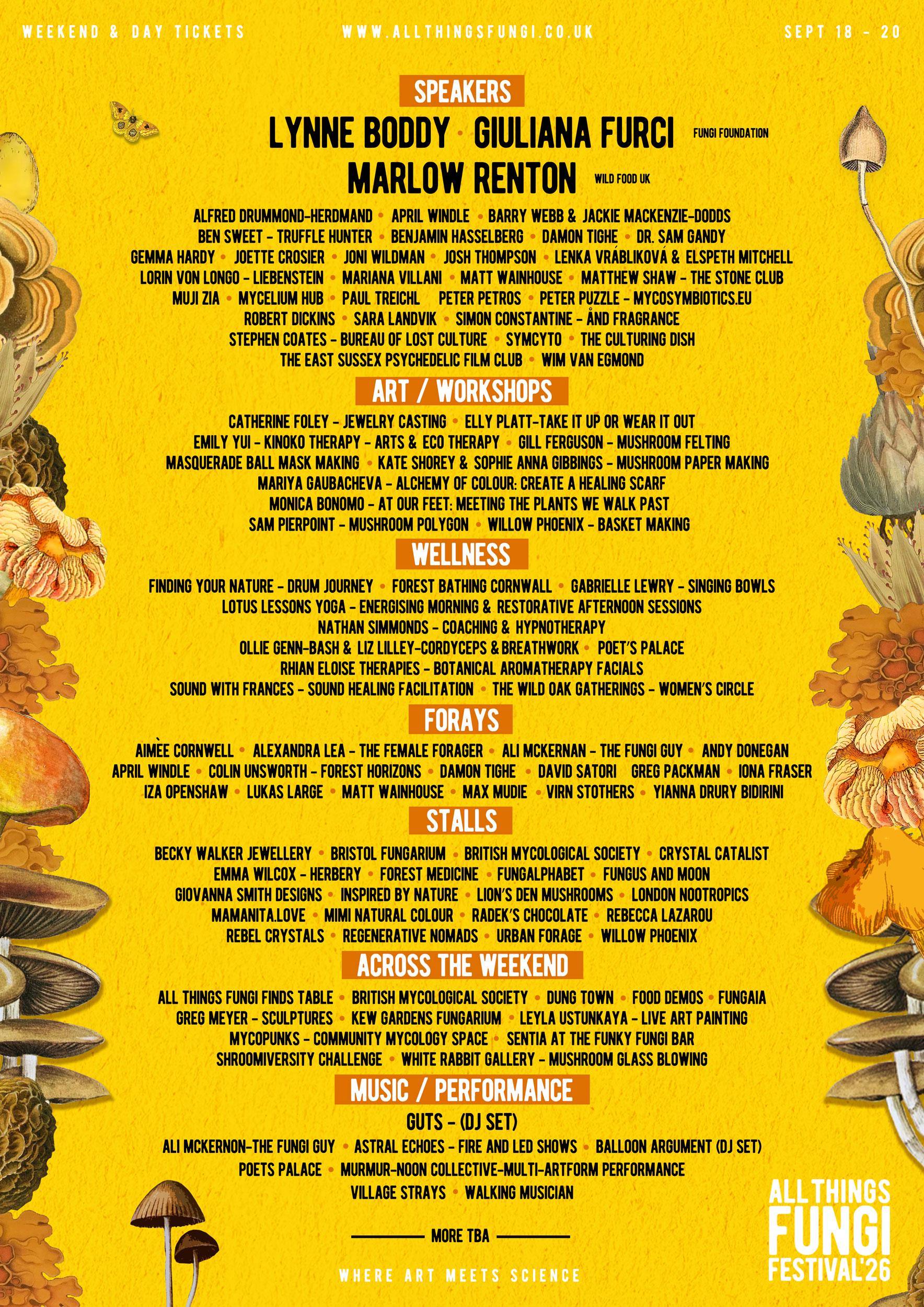 A festival poster for funghi festival showcasing all the activity and bans playing