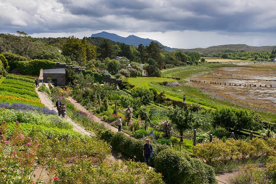 A serene garden view featuring a winding path that leads to a tranquil lake surrounded by lush greenery.