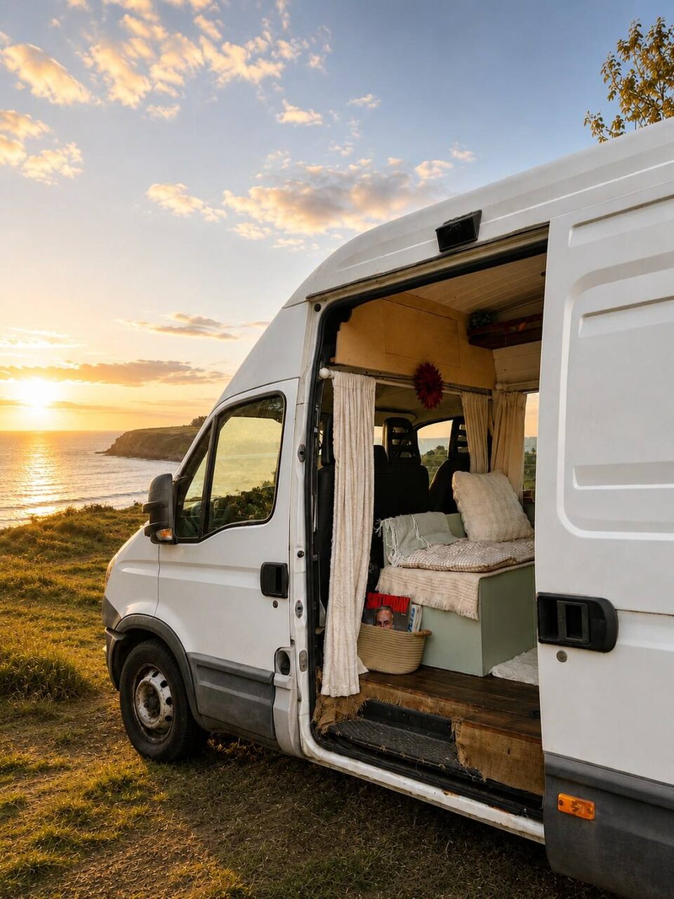A white van interior featuring a cozy bed setup, showcasing a comfortable sleeping space on the go.